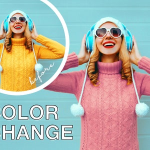 May include: A woman wearing a yellow sweater, white hat, and heart-shaped sunglasses with blue headphones. The text "before" is written in white on a white circle around the woman. The text "COLOR CHANGE" is written in black below the circle.