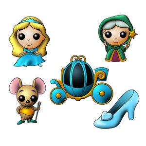 May include: A collection of cartoon illustrations featuring a princess in a blue dress, a mouse, a fairy with a wand, a pumpkin carriage, and a blue high-heeled shoe with a heart detail. The characters are set against a white background.