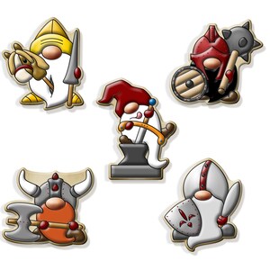 May include: Five cartoon gnome characters in various warrior-themed outfits. One gnome holds a spear and a toy horse. Another gnome is forging a sword. Other gnomes are dressed as a knight, a viking, and a warrior with a mace.