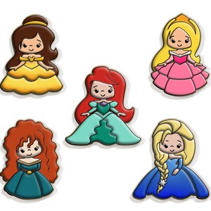 May include: Five cartoon princess figures with distinct hairstyles and dresses. The princesses are Belle in yellow, Ariel in teal, Aurora in pink, Merida in teal, and Elsa in blue. Each figure has a black outline and a smiling face.