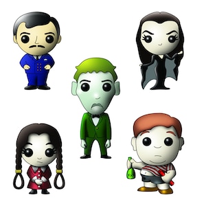 May include: A collection of cartoon-style figures, including a man in a blue suit, a woman in a black dress, a girl in a red dress, a man in a green suit, and a boy holding a bottle. The figures have large eyes and stylized features.