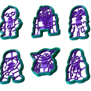 May include: Set of six cookie cutters featuring Star Wars characters. Each cutter is a different character, including C-3PO, R2-D2, Chewbacca, a Stormtrooper, Grogu (Baby Yoda), and Darth Vader. The cutters are purple with green outlines.