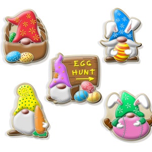 May include: A collection of Easter-themed gnome illustrations. Each gnome is uniquely designed, holding Easter eggs, carrots, or a sign that reads "Egg Hunt". The gnomes wear colorful hats and have white beards, perfect for Easter decorations.