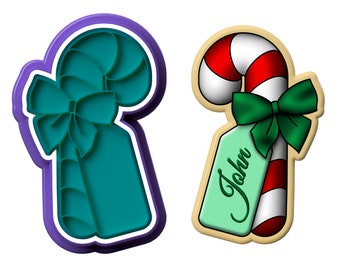 Candy Cane Cookie Cutter with Bow and Tag: 2-Part Cutter