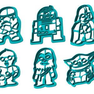 May include: A set of six teal-colored cookie cutters featuring iconic characters from a popular science fiction franchise. The shapes include a Stormtrooper, R2-D2, Darth Vader, C-3PO, Chewbacca, and Grogu.
