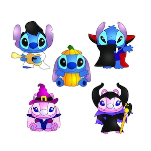 May include: A collection of five cartoon characters, each in a unique costume. One is dressed as Elvis Presley, another as a vampire, and a third as a pumpkin. The remaining two are dressed as a witch and a villain. All characters are blue and pink.