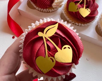 Heart Cherries Cupcake Toppers - glitter / mirror - bento cake charm - wedding anniversary - engaged - Happy Valentines Day - Hearts cherry