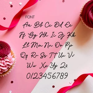 May include: A handwritten font alphabet in black on a pink and white background. The letters are in uppercase and lowercase, and the numbers 0-9 are also included. The background is decorated with small white and pink confetti.