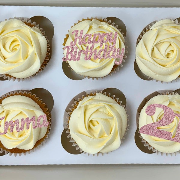 Personalised Happy Birthday Cupcake Cake Toppers - Any Colour - Customisable - 16th 18th 21st 30th 40th - custom name topper - custom age