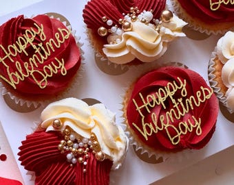 Happy Valentines Day Cupcake Toppers - Customisable - love - cake - wedding - anniversary engage valentines galentines gold mirror gold rose