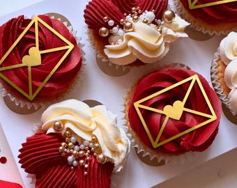Valentines Envelope Cupcake Toppers - glitter / mirror - bento cake charm - wedding anniversary - engaged - Happy Valentines Day love heart