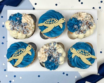 Turtle themed cupcake toppers - Bento cake charms - under the sea life animals - marine sea turtle