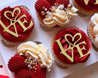 LOVE Cupcake Toppers - Bento Cake Charm - Customisable - Happy Valentines Day - love heart - cake - wedding - anniversary galentines cupid