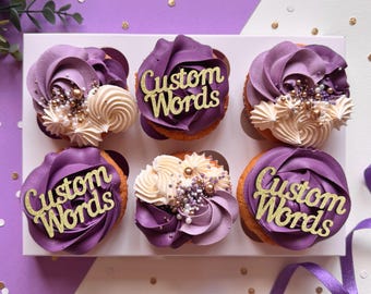 Personalised / custom words Cupcake Toppers - Any Colour-  name / age topper - bento cake charm - birthday, retirement, baby shower wedding