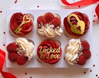 Locked in Love Cupcake Toppers - glitter / mirror - bento cake charm - wedding anniversary engaged - Happy Valentines Day - heart lock & key