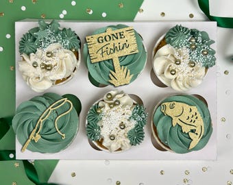 Fishing Cupcake Toppers - gone fishin sign - rod / line - Carp Cat Fish Pike trout - Lake - angler - sports - bento cake charm - fisher man