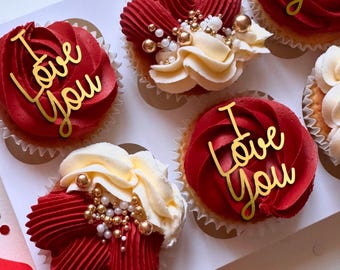 I love you Cupcake Toppers -  Bento cake charm- wedding anniversary / Engagement galentines Happy Valentines Day - mirror glitter heart