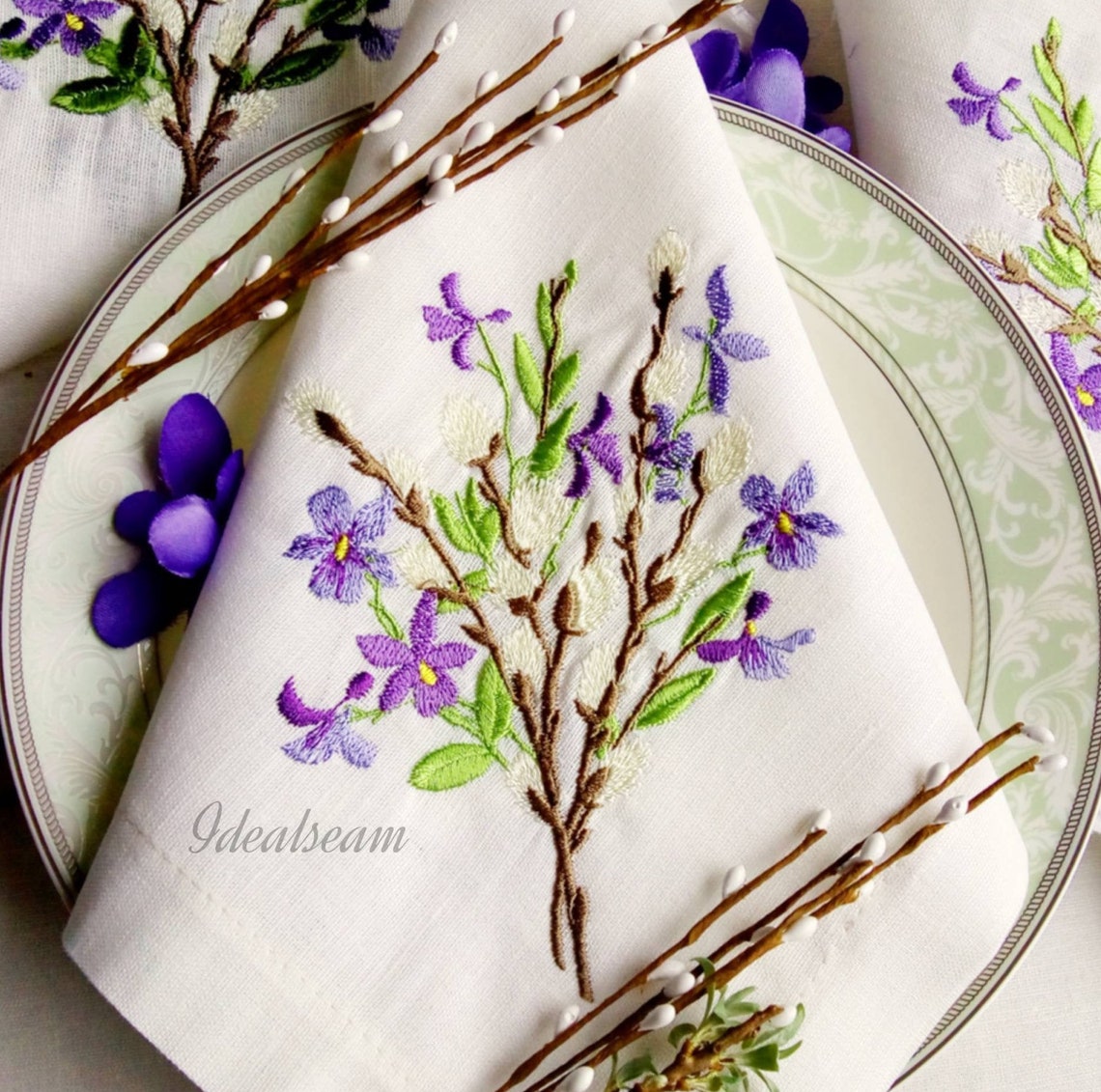 Linen Napkin Set Willow and violets spring Etsy