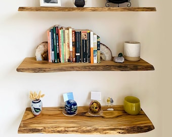 Rustic floating solid wood wall shelf with tree edge in custom size