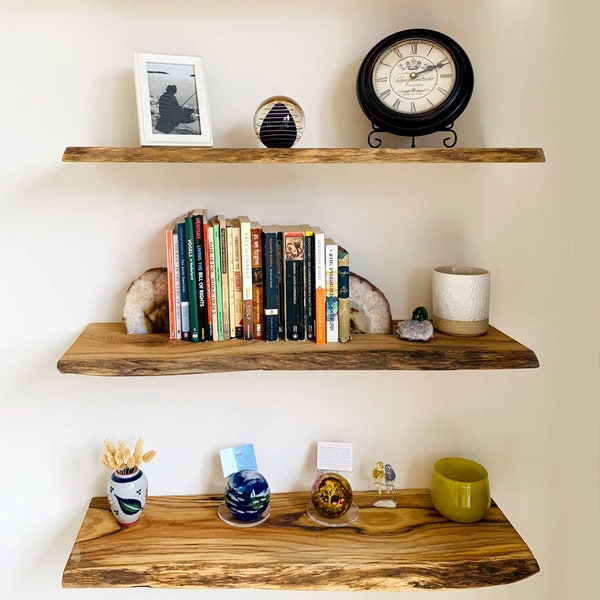 Rustic floating solid wood wall shelf with tree edge in custom size