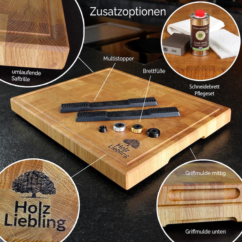 May include: A square wooden chopping board with a juice groove, featuring a branded tree logo and the text Holz Liebling. Accessories include two black multistoppers, four circular feet, and a maintenance kit with oil, sandpaper, and a cloth.