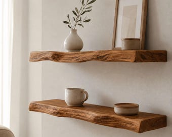 Estantería flotante rústica de pared, fabricada en roble macizo con borde natural.