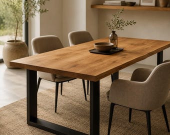 May include: A rectangular dining table with a natural wood grain top and thick black metal U-shaped legs. The table is accompanied by three upholstered chairs in a light beige fabric. A small brown bowl sits on a black tray in the center.