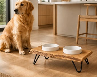 Rustic oak feeding station – raised dog bar with 2 ceramic bowls