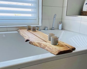 Rustic oak bathtub tray – bathtub shelf with natural live edge