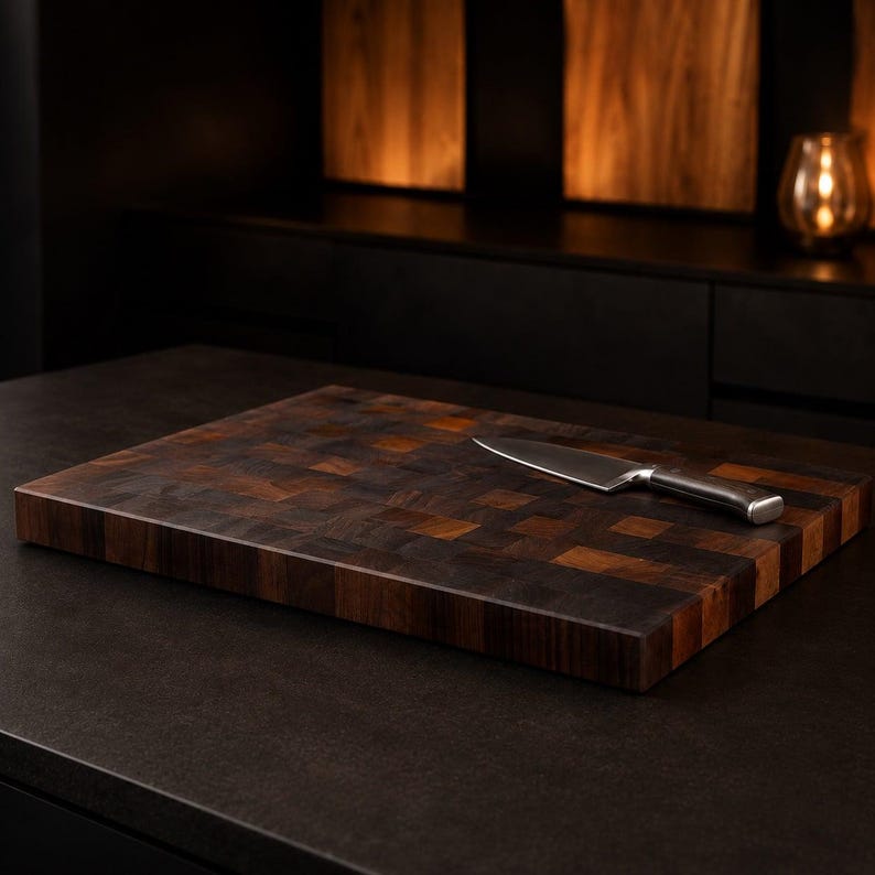 May include: A rectangular end-grain wooden chopping board featuring a mosaic pattern of dark and medium brown wood blocks. A stainless steel chef's knife with a dark handle rests diagonally on the surface of the board, showcasing its sharp blade.