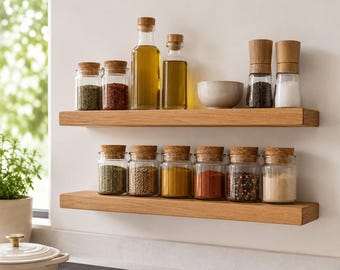 Set of 2 solid wood spice racks – floating kitchen shelves in 4 wood types