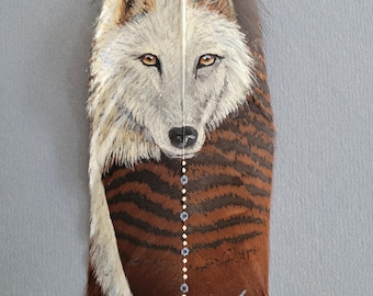 ライオンとオオカミのカップルの野生動物アート 羽根のプリント