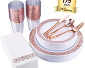 1175pcs Rose Gold Plastic Plates, Rose Gold Cups Paper Hand Napkins, Includes 25 Forks, 25 Spoons, 25 Knives, 25 Dinner Plates, 25 Dessert