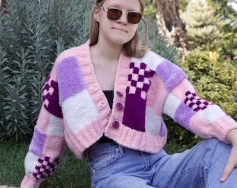 Patchwork Knit Cardigan Chunky Knit 