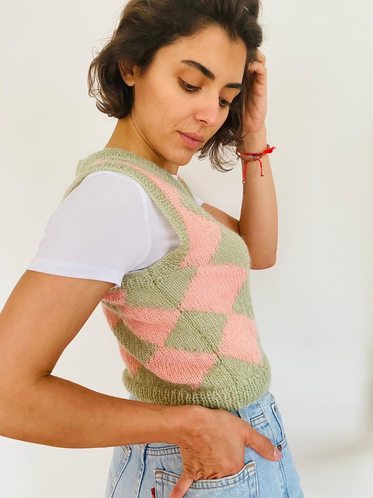 Checkered Knit Sweater Vest Handmade Knitted Vest Etsy