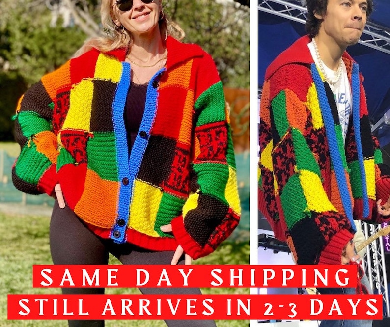 Harry Styles Cardigan, JW Anderson Cardigan, Harry Styles Sweater, Multi Color Embroidery Cardigan, Patchwork Cardigan