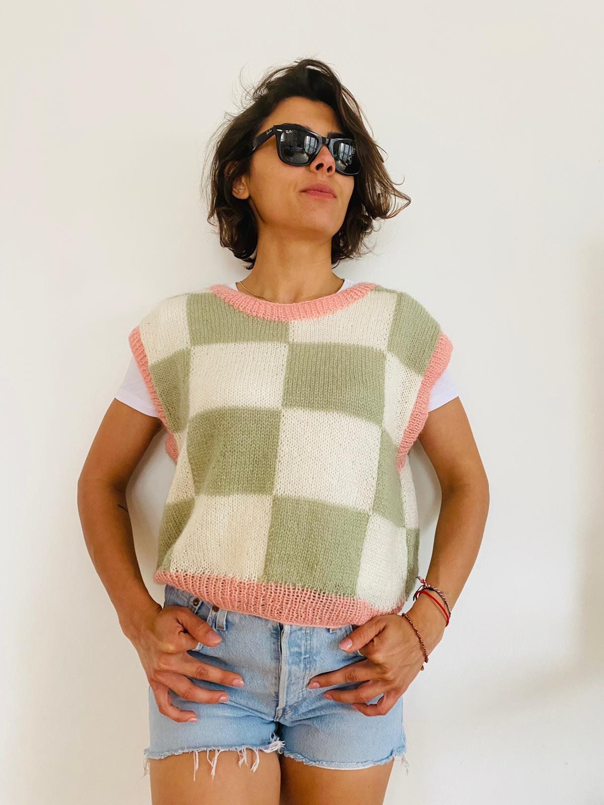 pink checkered sweater vest