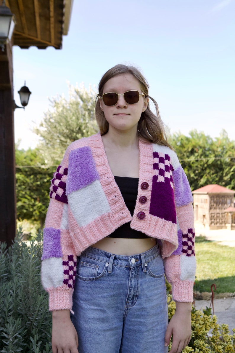 Patchwork Knit Cardigan Chunky Knit Cardigan Knit Oversized Etsy