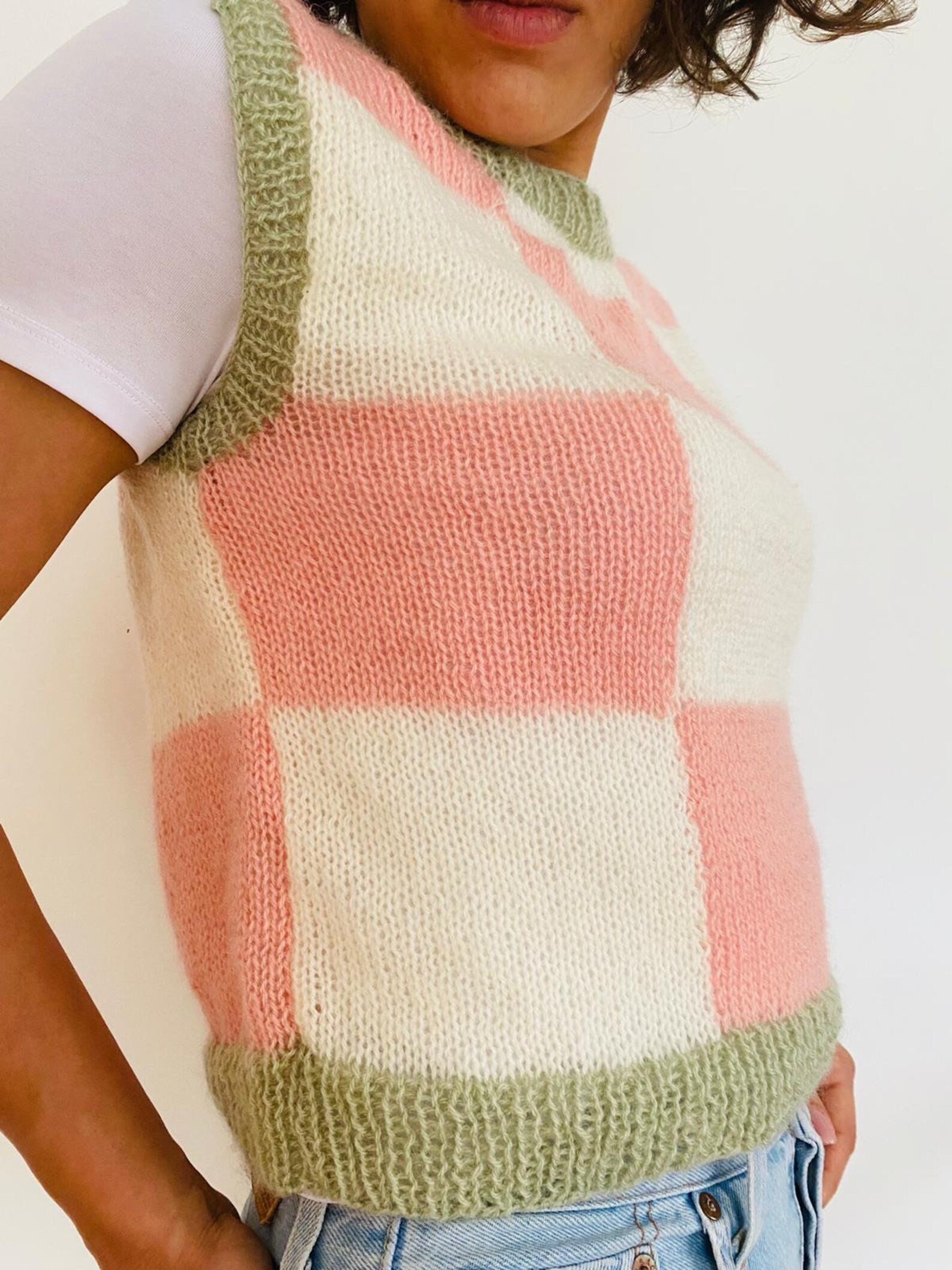 Checkered Knit Sweater Vest Handmade Knitted Vest Etsy