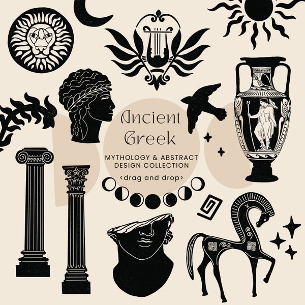 Ancient Greek Collection ClipArt, Hand painted Roman Gods, Column Illustrations, Antique Pottery Stickers