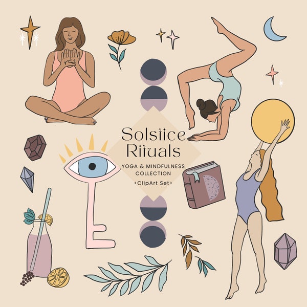 Solstice Rituals Collection ClipArt, Hand painted Yoga and Mindfulness Illustrations, Moon, celestial digital stickers