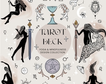 Könnte beinhalten: Ein Satz Schwarzweiß-Tarotkarten-Illustrationen mit einer Vielzahl von Symbolen, darunter Sterne, Monde, Schwerter, Kelche und Tierkreiszeichen. Der Text "TAROT DECK" und "YOGA & MINDFULNESS DESIGN COLLECTION" ist im Bild enthalten.