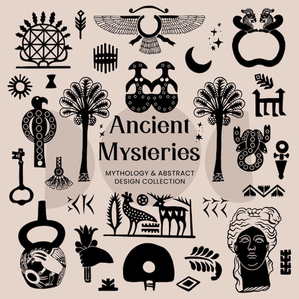 Imágenes prediseñadas de la colección Ancient Mysteries, dioses pintados a mano, símbolos, jeroglíficos, estrellas, ilustraciones de cerámica antigua