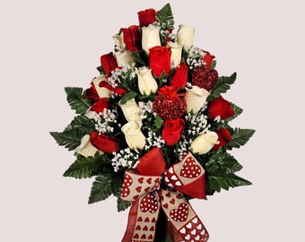 Valentine's memorial grave flowers with Red & White Rosebuds, baby's breath, 2 hearts, and a bow. Anniversary/Valentines gifts for her.