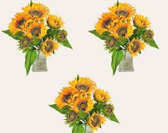 This is 3 Realistic artificial flower Yellow Sunflower Bushes that are great for fall, floral craft supplies, memorial, bridal, & DIY.
