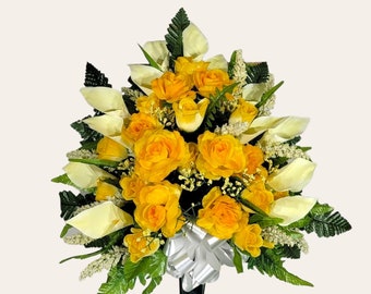 This jumbo cemetery cone has grave flowers including Calla Lilies & Yellow Roses. It is a perfect funeral or cemetery memorial decoration.