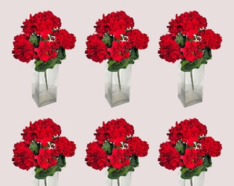 6 Red Geranium Bushes, UV Resistant Artificial Floral Craft Supply