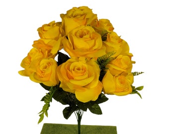 Artificial Flowering Bush 21" Tall Yellow Rose Bush with 12 Blooms and silk fern greenery. For memorial, craft supply, home decor, and more!