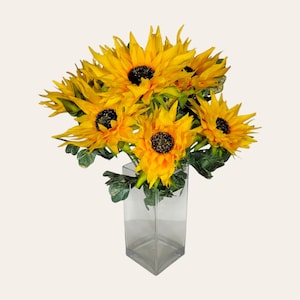 This realistic artificial flower is a yellow spider sunflower bush with 6 Blooms and Greenery. It is great for floral craft supply.