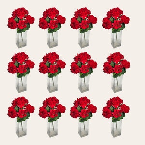 This realistic artificial flower is 12 red geranium bushes with Greenery. It is a UV Resistant floral craft supply.